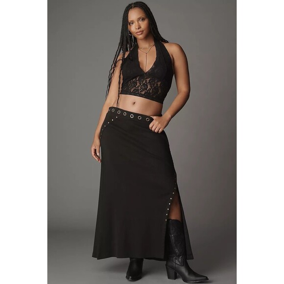 By Anthropologie Hardware Side-Slit Column Midi Skirt Studded Black 2X PS 283781 - Picture 7 of 13